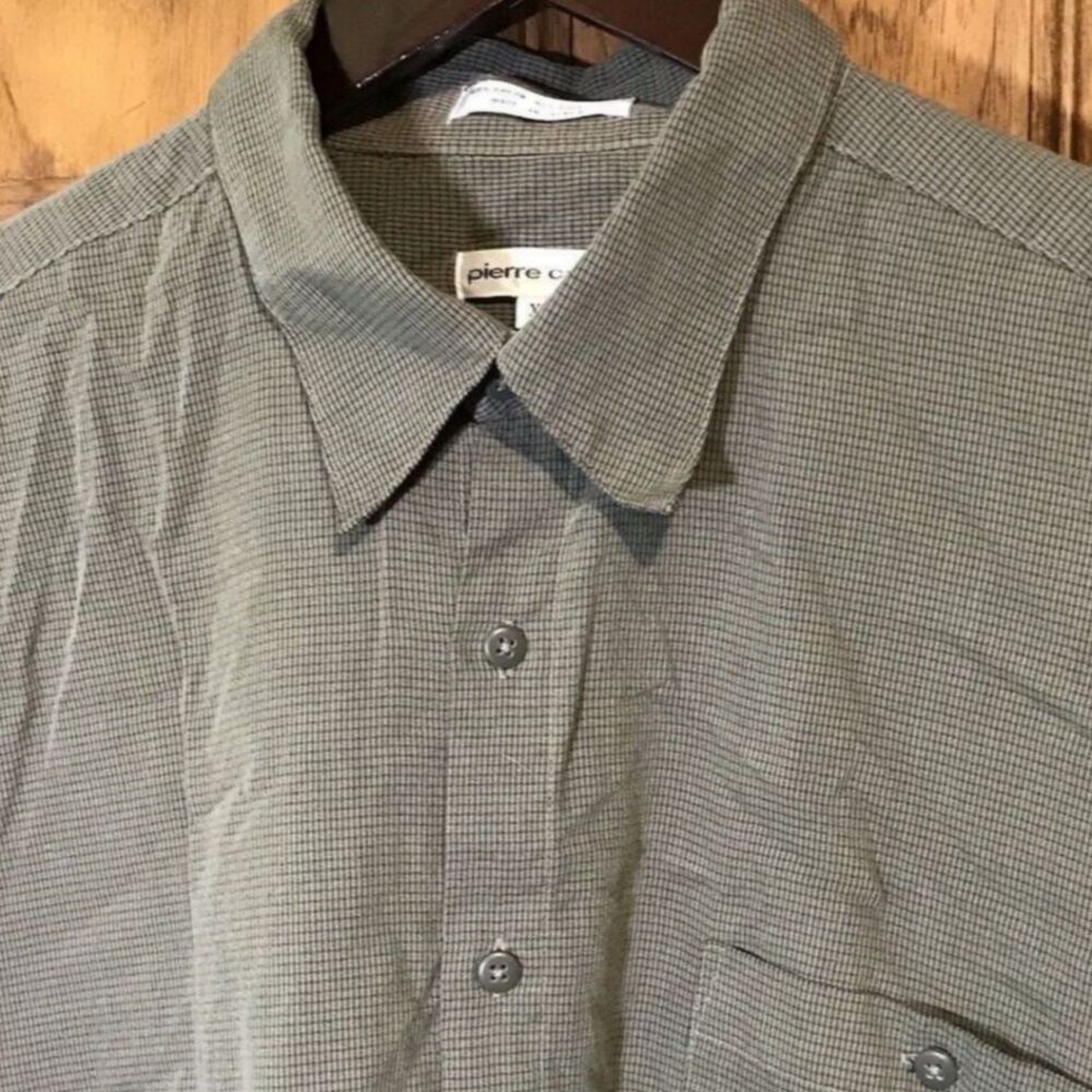 Pierre Cardin Olive Drab Check LS Rayon Polyester Button Dress Shirt Men's XL